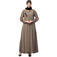Front open Contrast embroidery abaya- Khaki